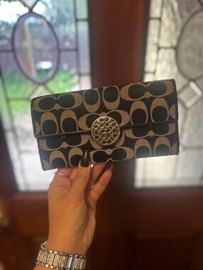 Coach Signature C Wallet Black White Bifold Canvas Leather